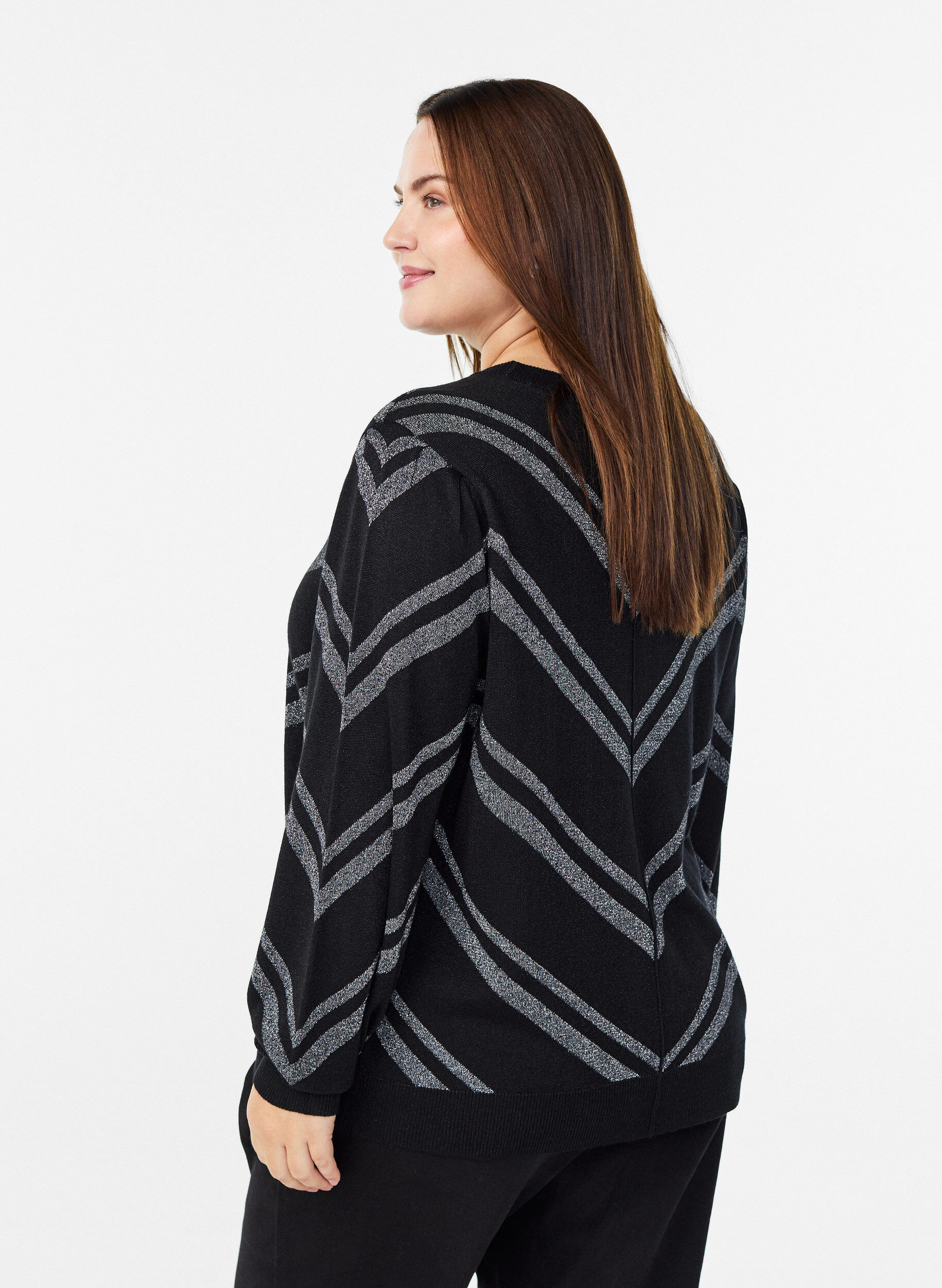 Zizzifashion Patterned knit blouse with glitter effect, Black, Model image number 2