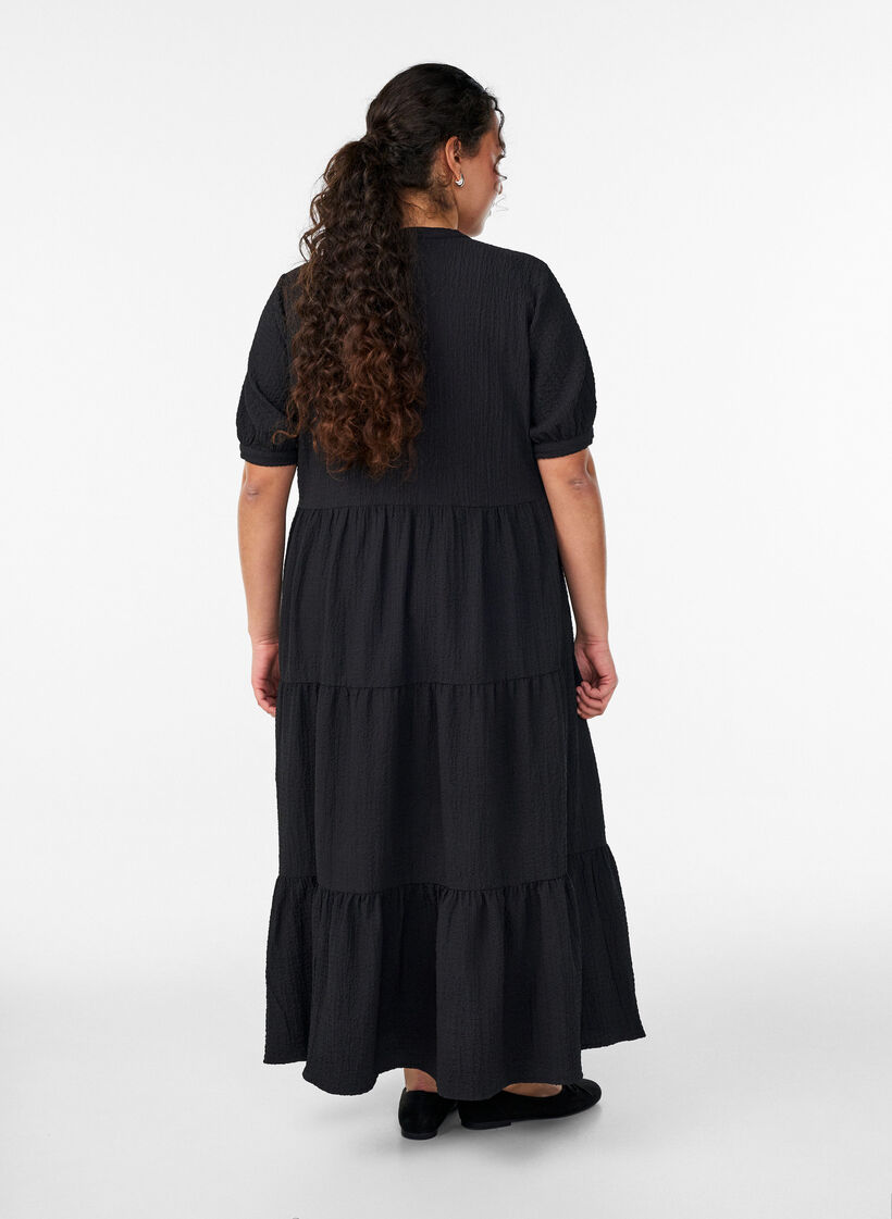 Ankle-length dress with short sleeves and tiered ruffles, Black, Model image number 1