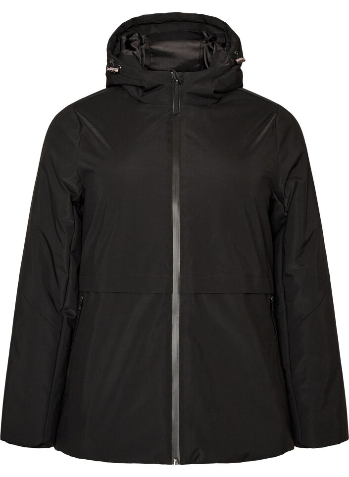 Winter jacket with hood and adjustable waist, Black, Packshot image number 0