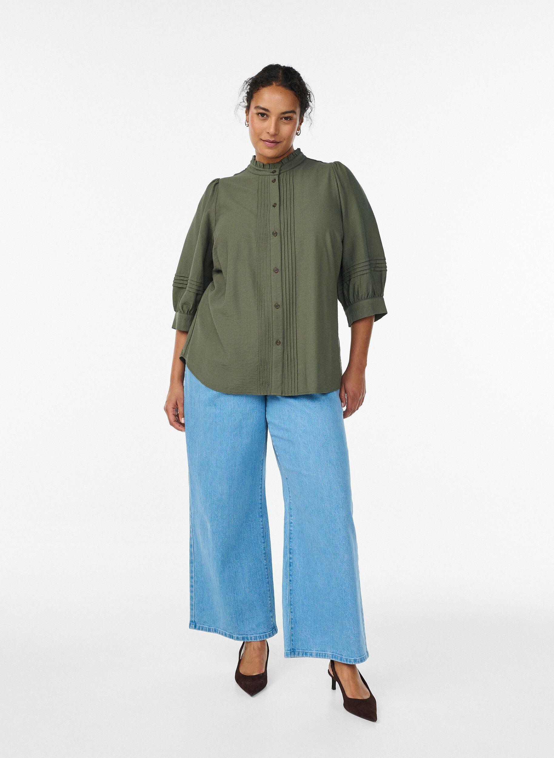 Zizzifashion Blouse with 3/4 sleeves and decorative pleats, Green, Model image number 1