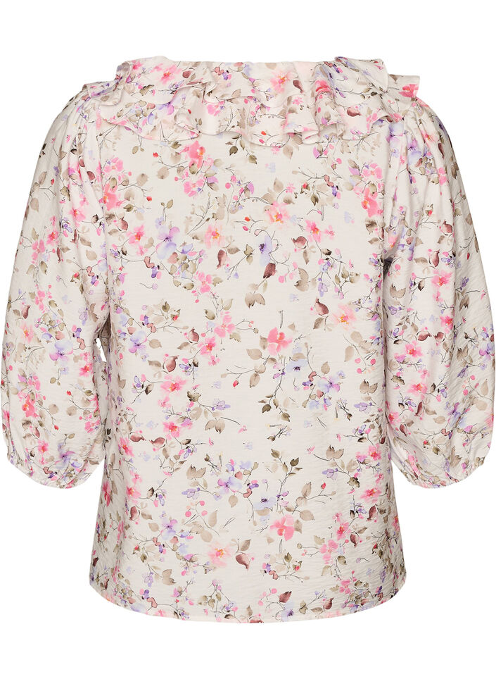 Viscose blouse with floral print and 3/4 sleeves, Vanilla, Packshot image number 1