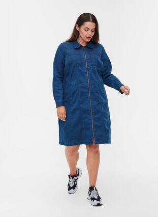 Denim dress with zip and collar, Dark blue denim, Model image number 2