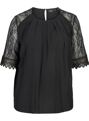 Viscose blouse with lace sleeves, Black, Packshot image number 0