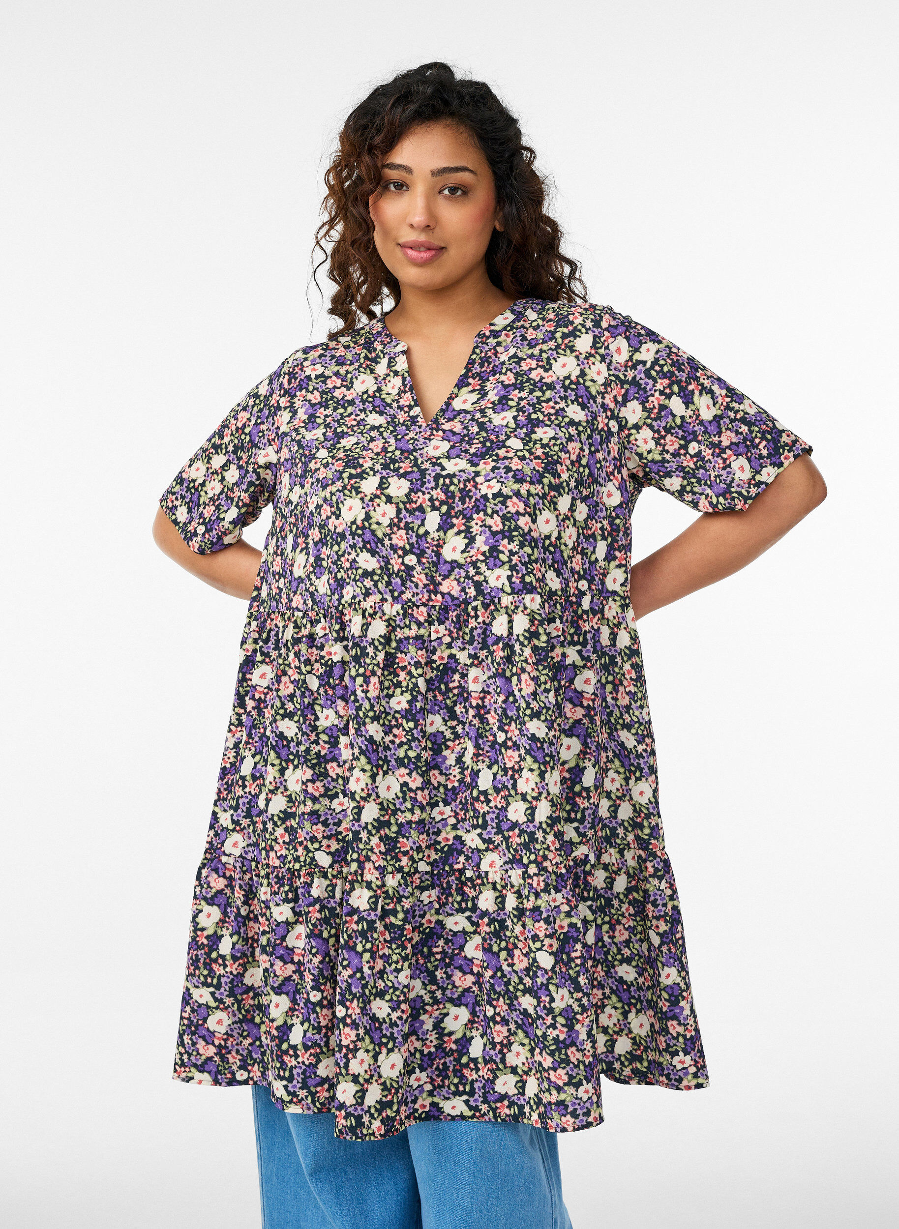 Zizzifashion Short sleeve dress with a-line and cutlines, Purple, Model image number 0