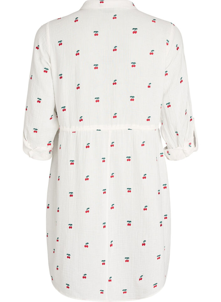 Shirt dress in cotton muslin with embroidered motifs, Vanilla, Packshot image number 1
