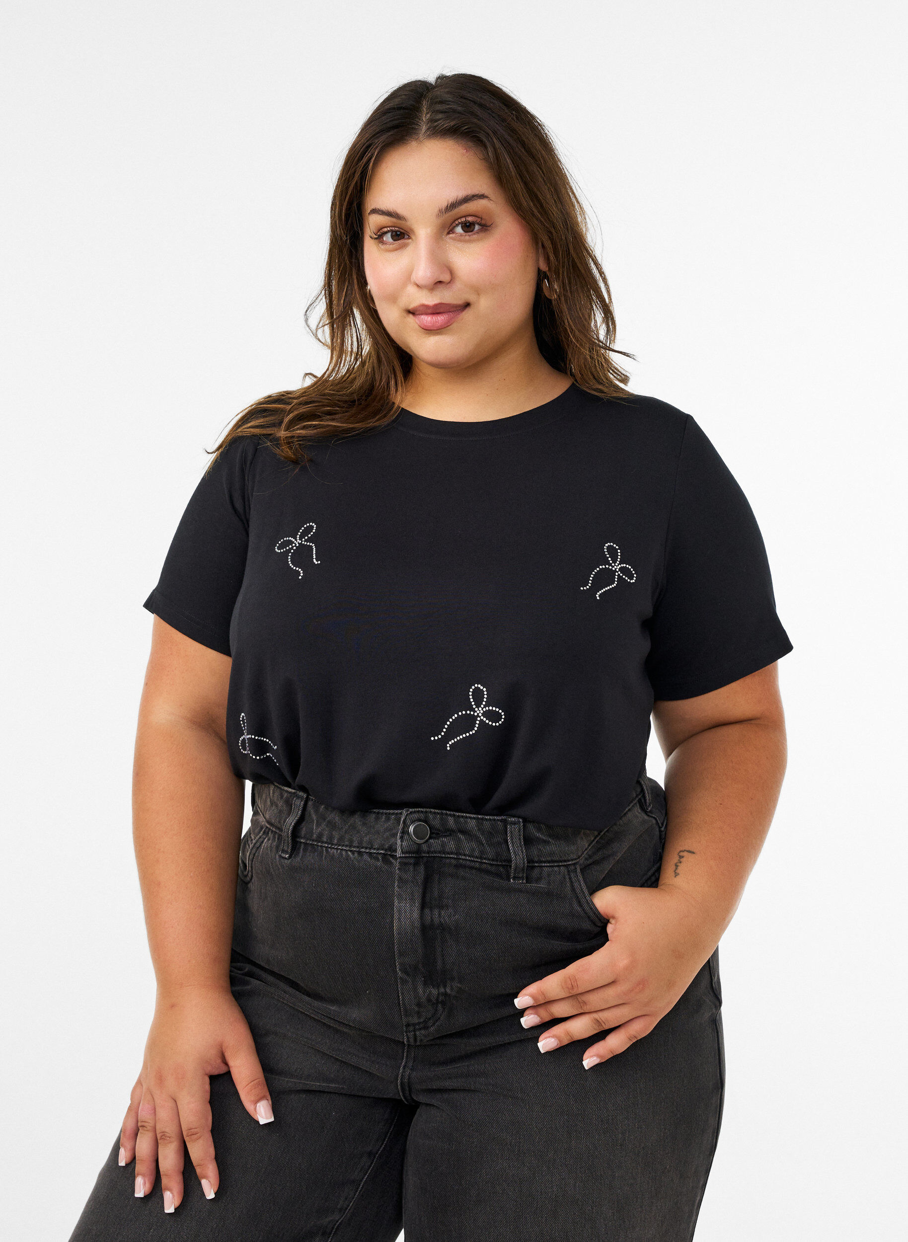 ZizzifashionViscose T-shirt with rhinestones, Black, Model image number 0