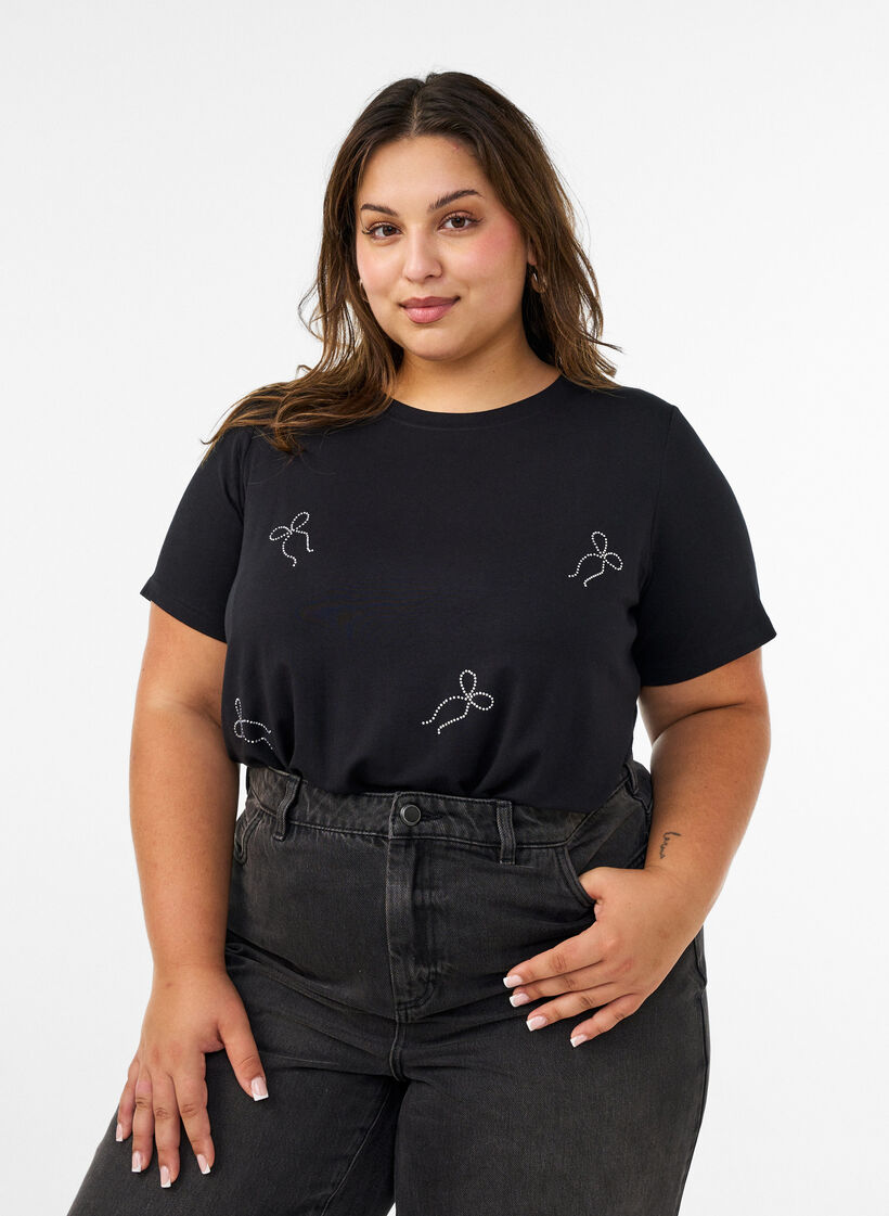 Viscose T-shirt with rhinestones, Black, Model image number 0