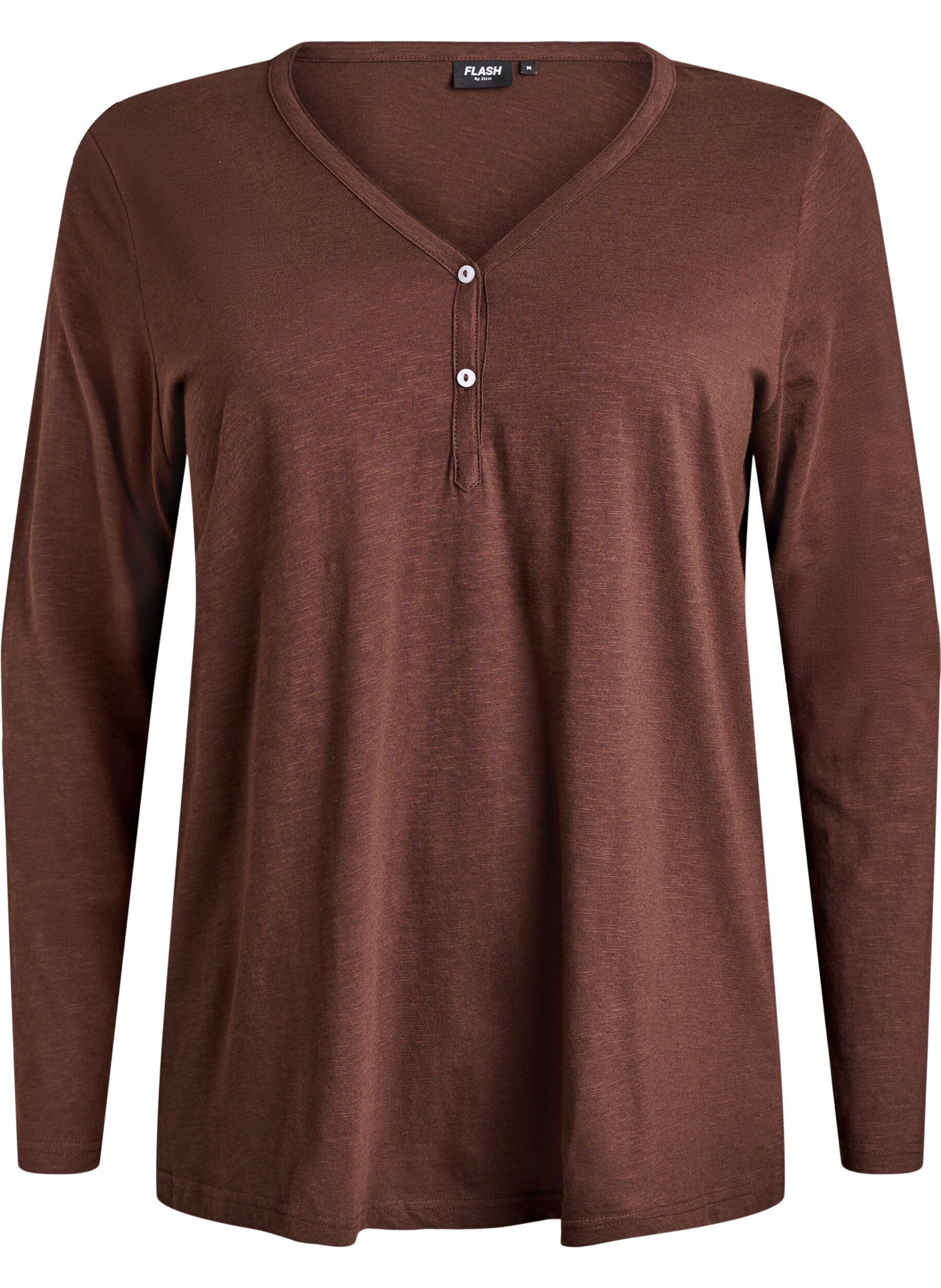 ZizzifashionLong-sleeved t-shirt with V-neck and buttons, Brown, Packshot image number 0
