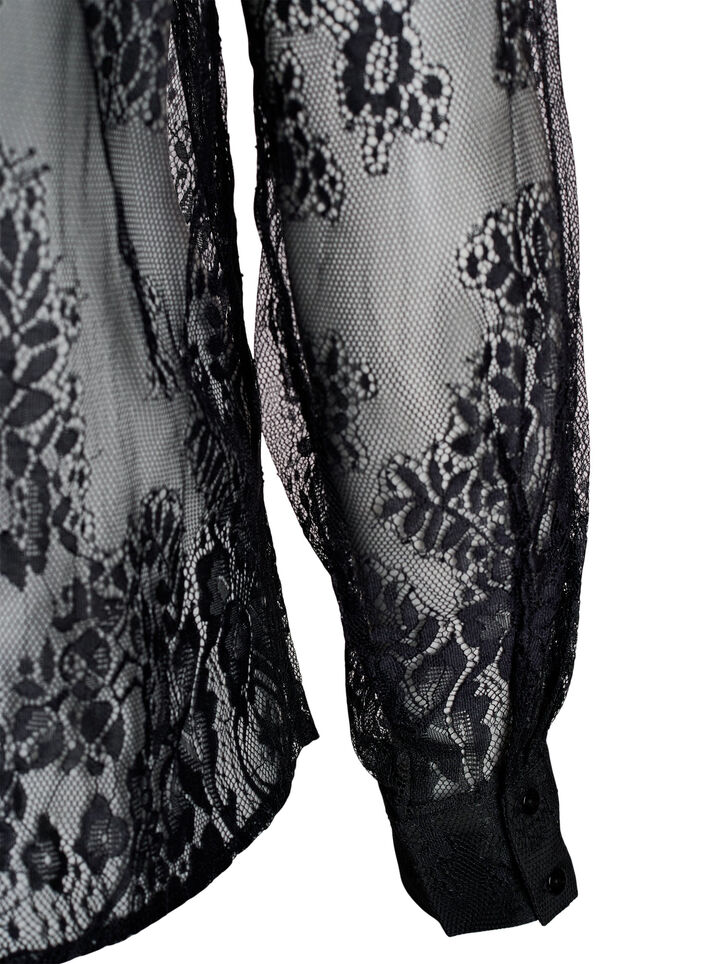 Transparent lace shirt with long sleeves, Black, Packshot image number 3