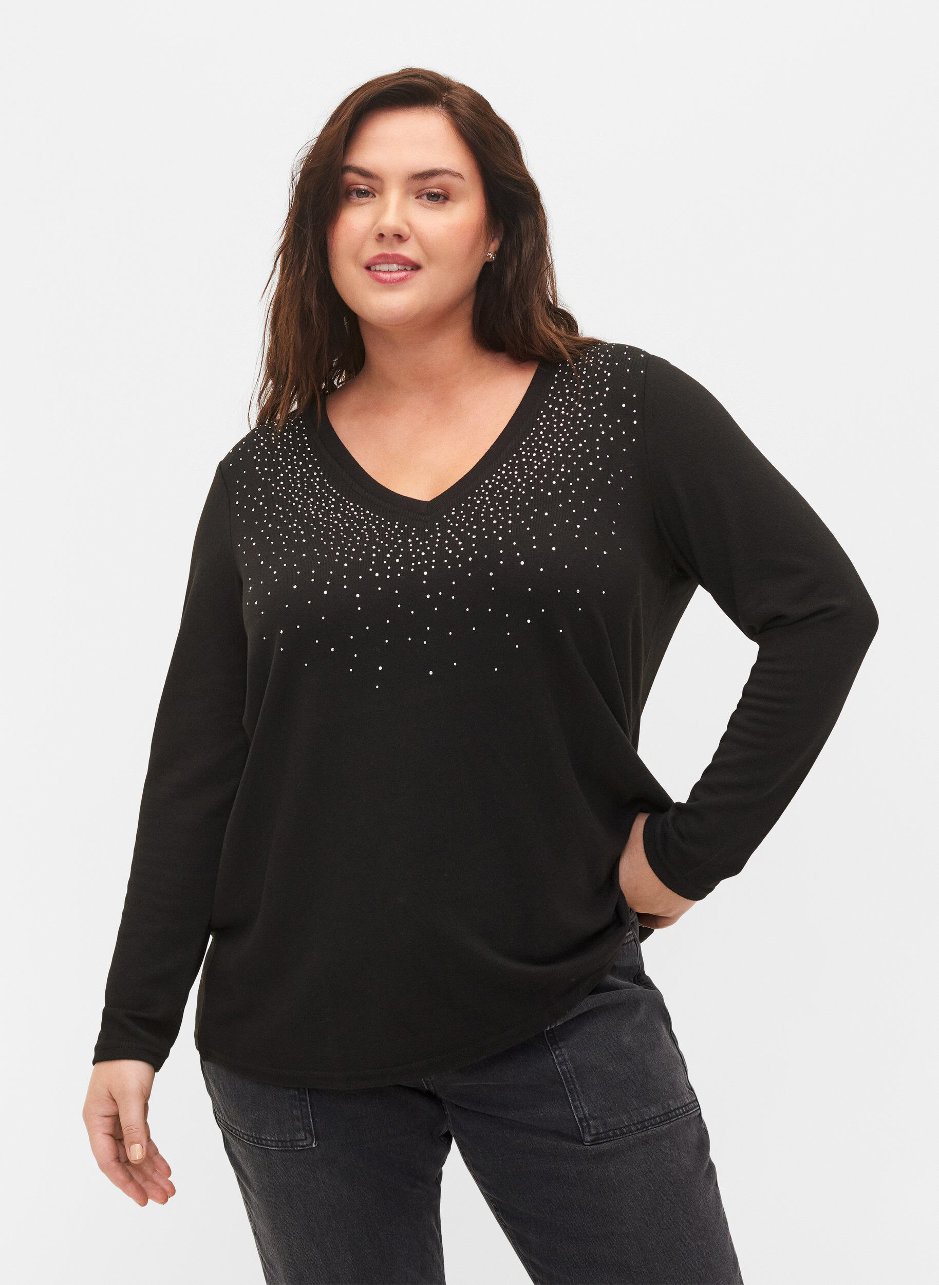Zizzifashion Top with similiste and long sleeves, Black, Model image number 0