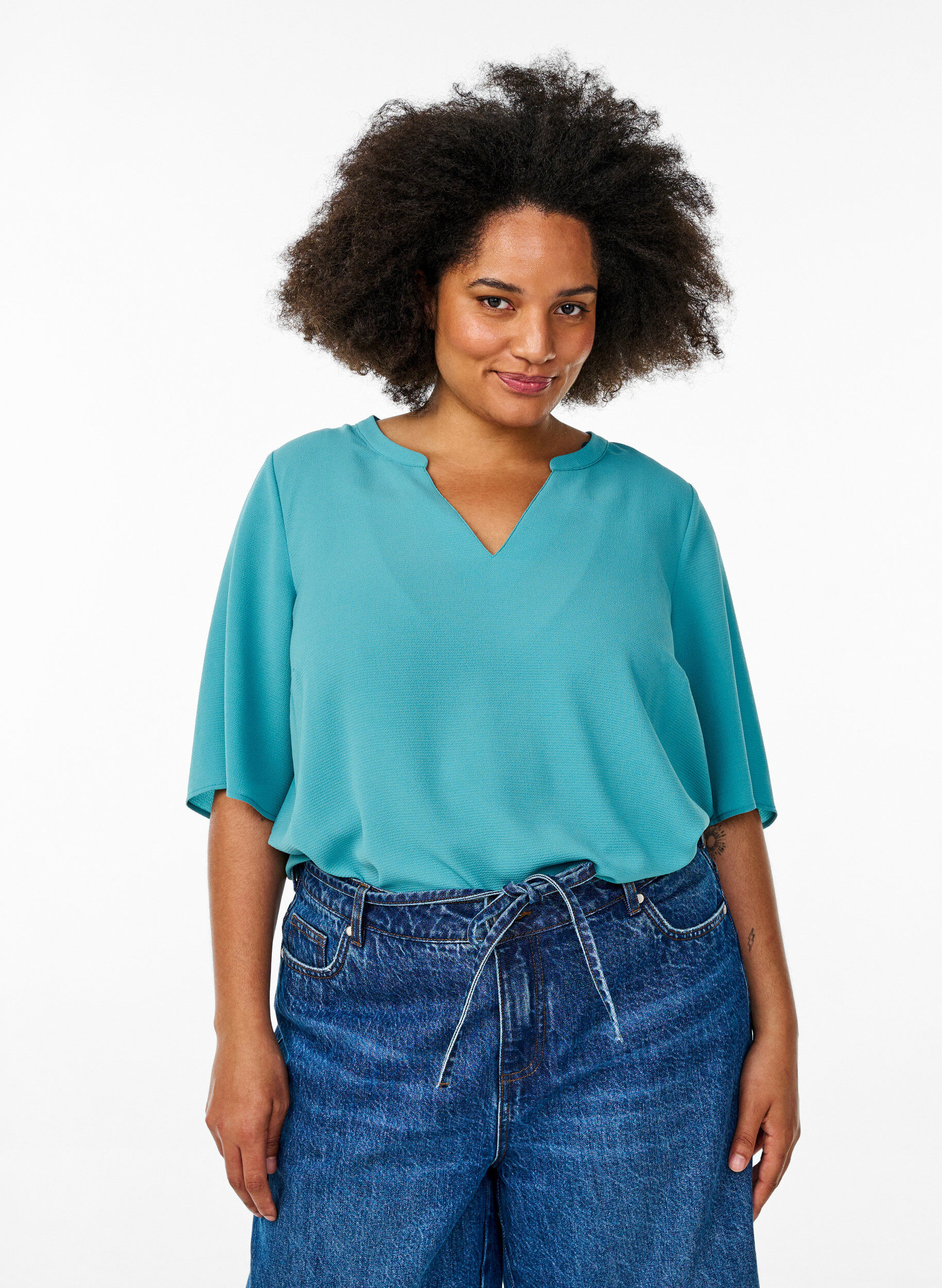 Short-sleeved blouse with V-neck, Green, Model