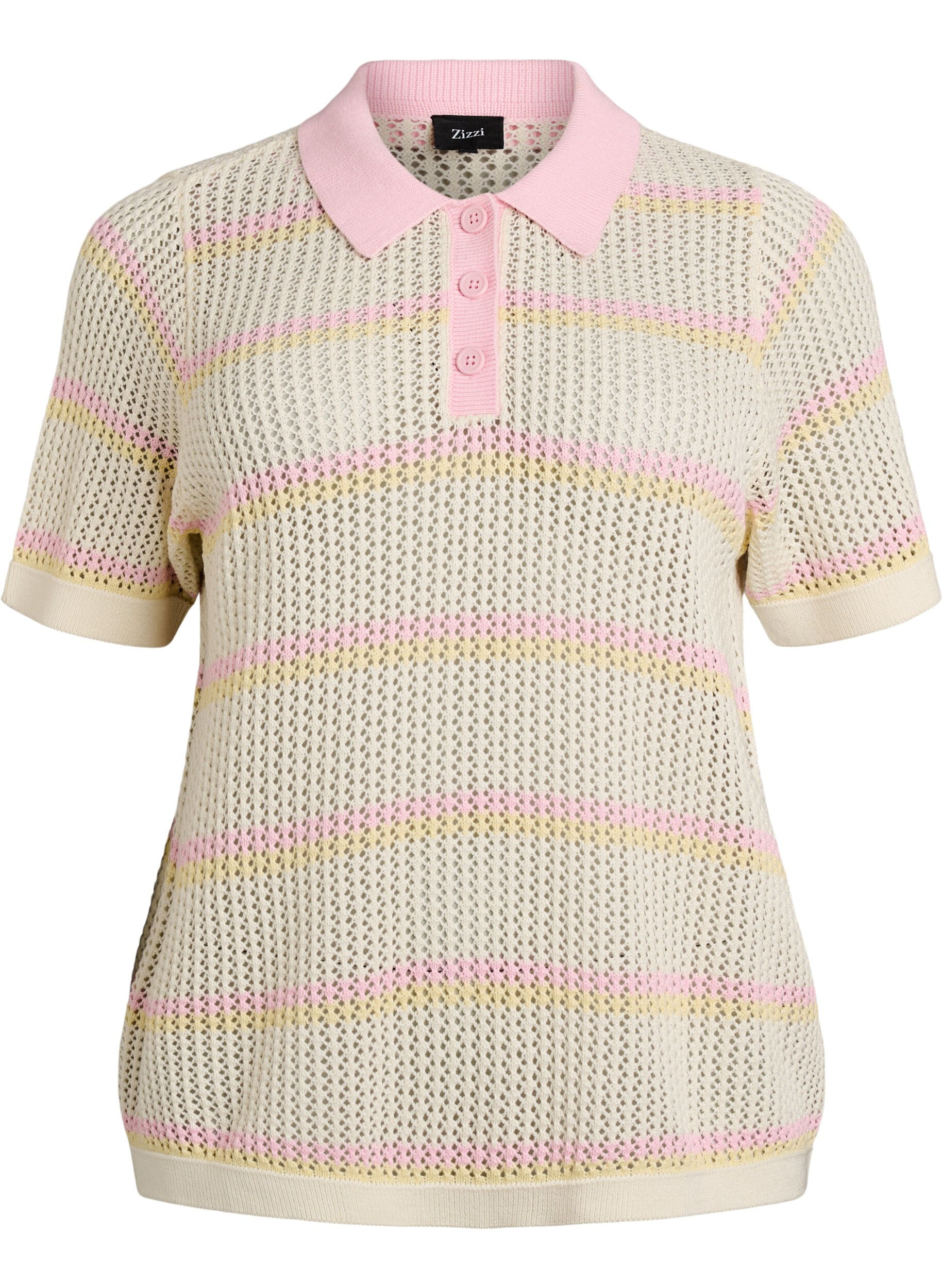 Zizzifashion Knitted polo with eyelet embroidery and stripes, White, Packshot image number 0