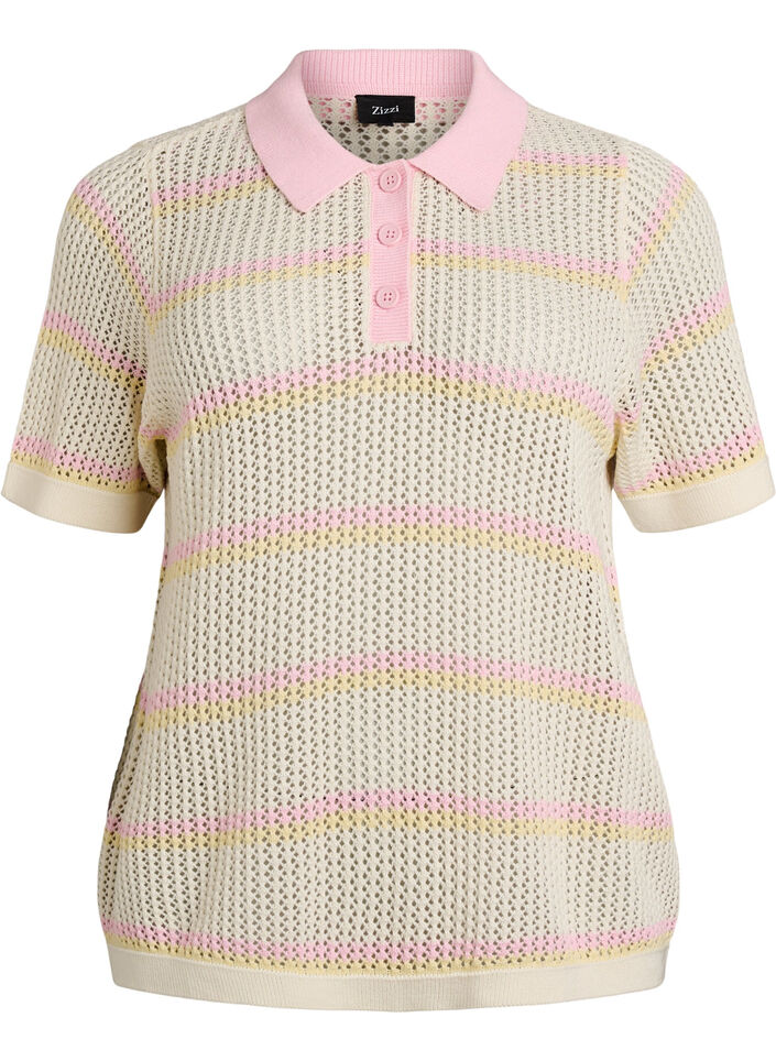 Knitted polo with eyelet embroidery and stripes, White, Packshot image number 0