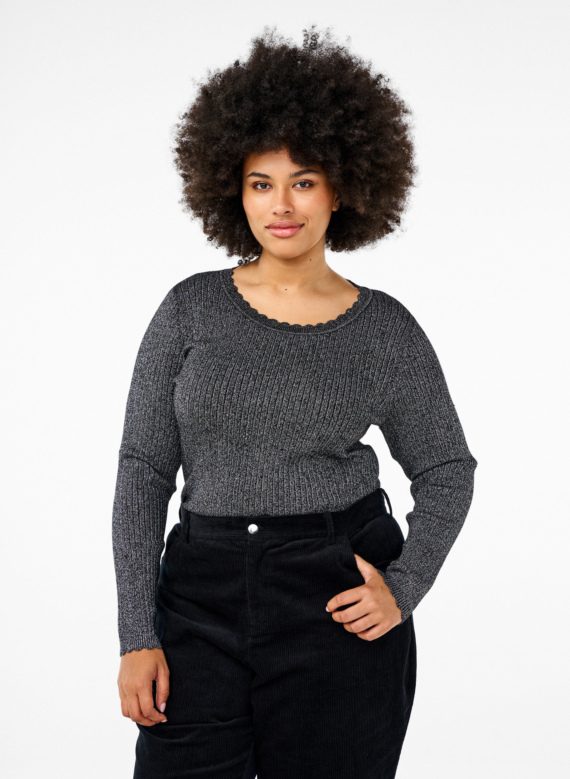 Zizzifashion Close-fitting knitted blouse with glitter thread, Black, Model image number 0