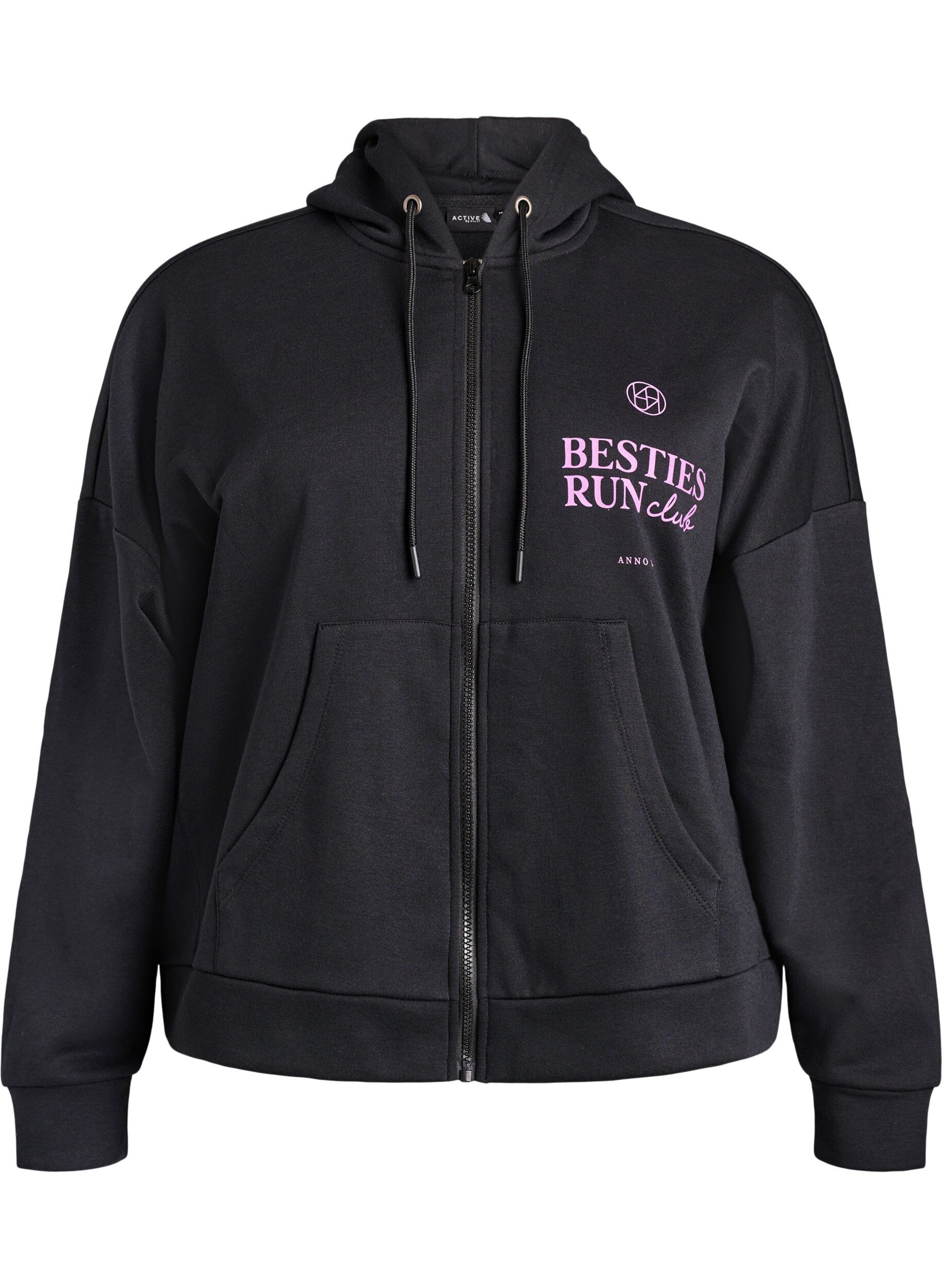 Zizzifashion Hoodie with zipper and chest print, Black, Packshot image number 0