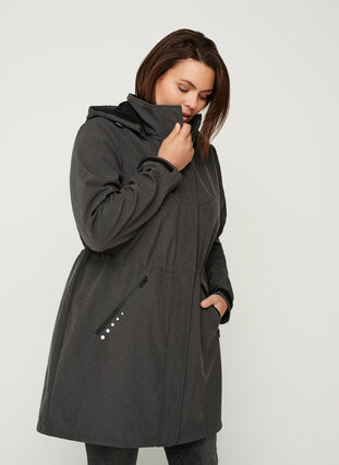 Long, hooded softshell jacket, Dark Grey Melange, Model image number 0