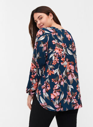 Floral viscose blouse with buttons, Blue Flower AOP, Model image number 1
