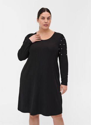 Dress with long puff sleeves and pearls, Black, Model image number 0