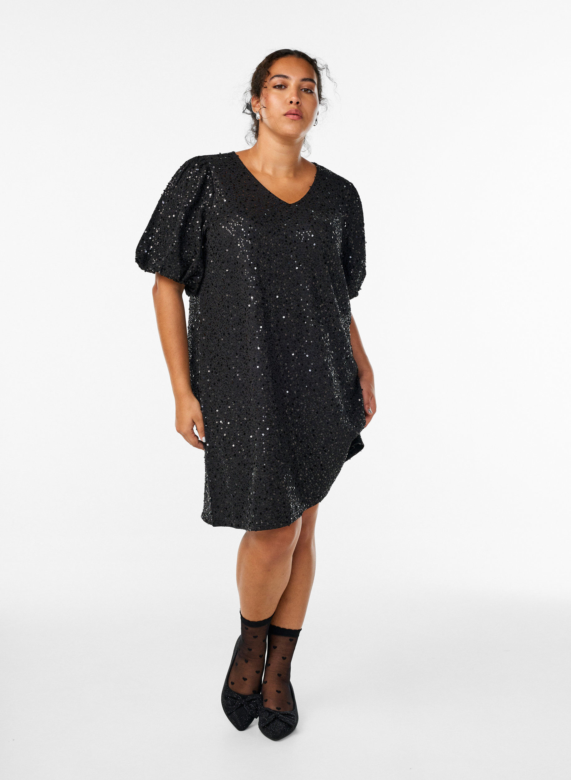 Zizzifashion Short sequin dress with puff sleeves, Black, Model image number 1