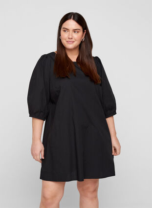 Cotton tunic with 2/4-length sleeves, Black, Model image number 0