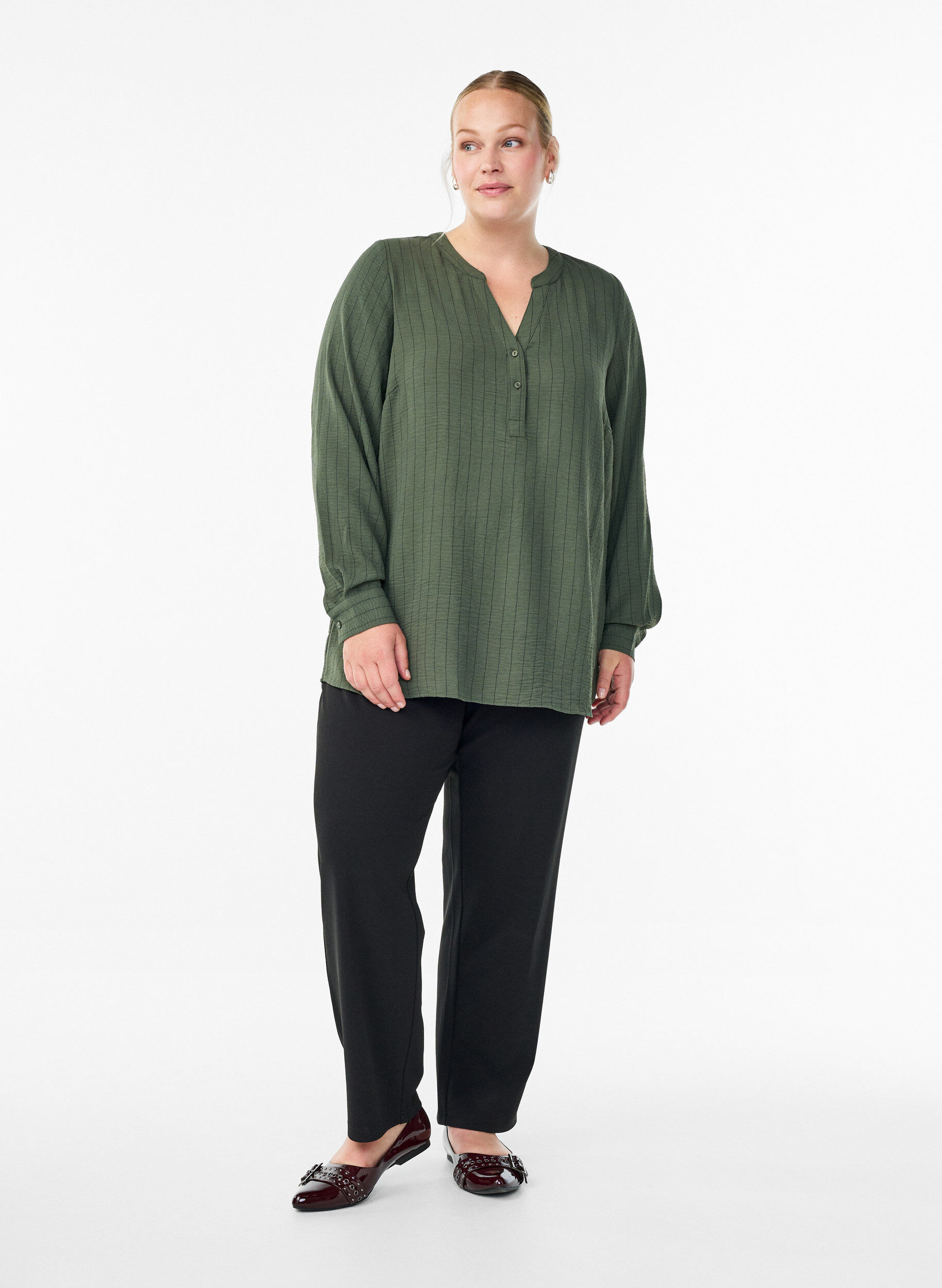Zizzifashion Pinstripe shirt blouse, Green, Model image number 1