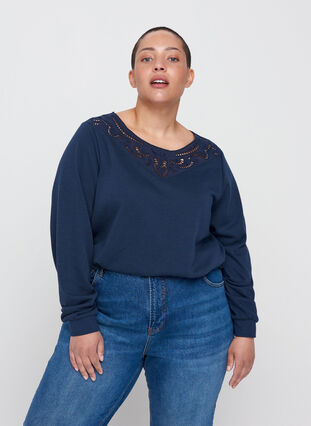 Sweatshirt with lace details, Navy, Model image number 0