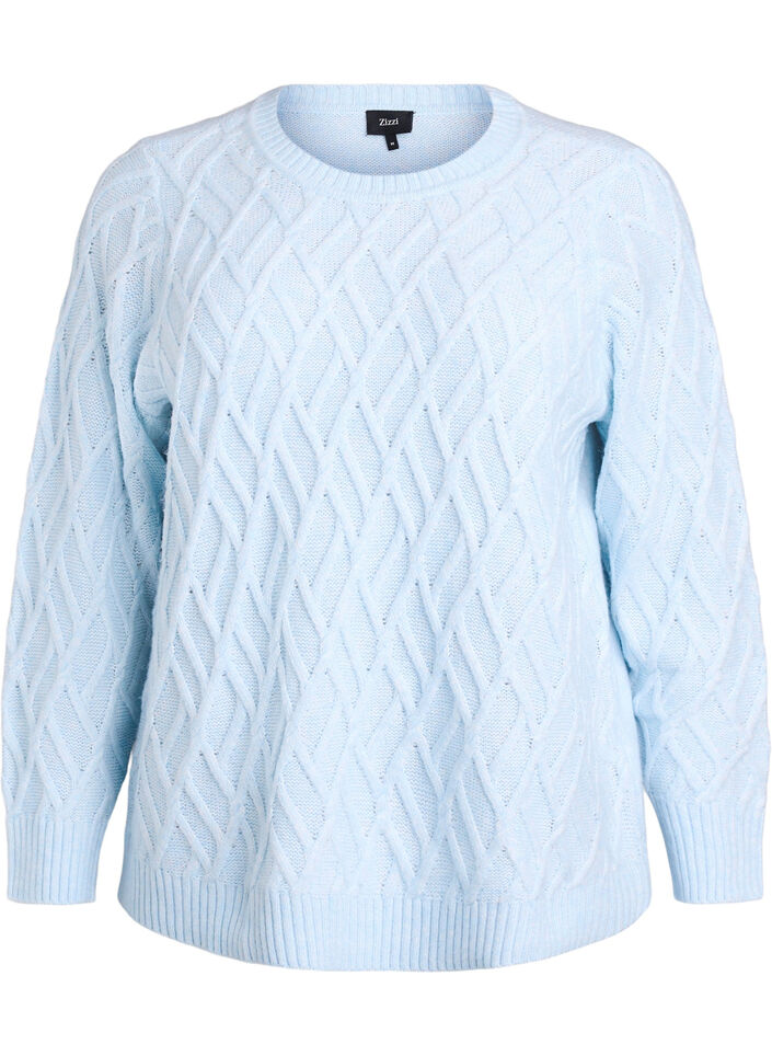Knit blouse with cable pattern and round neck, Light Blue, Packshot image number 0