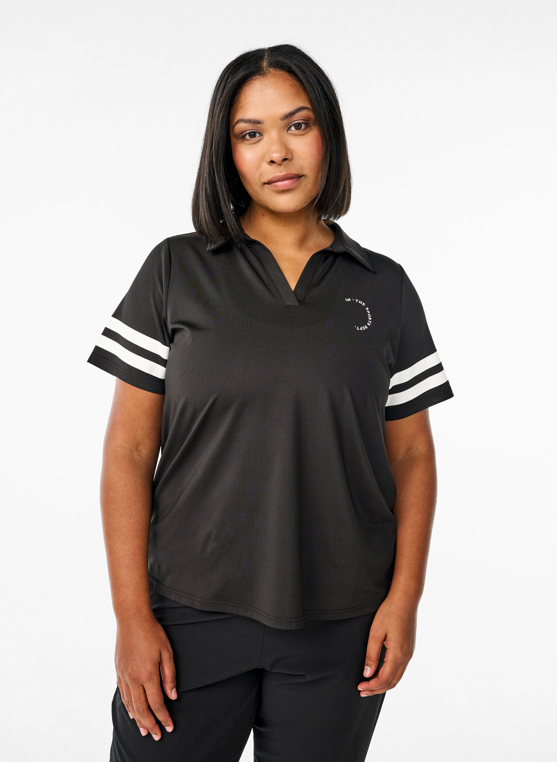 Sporty polo shirt with stripe details, Black, Model