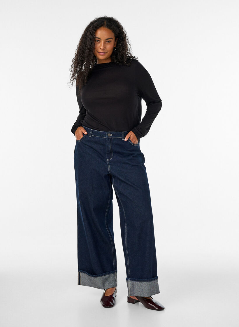 High-neck blouse in viscose jersey, Black, Model image number 1