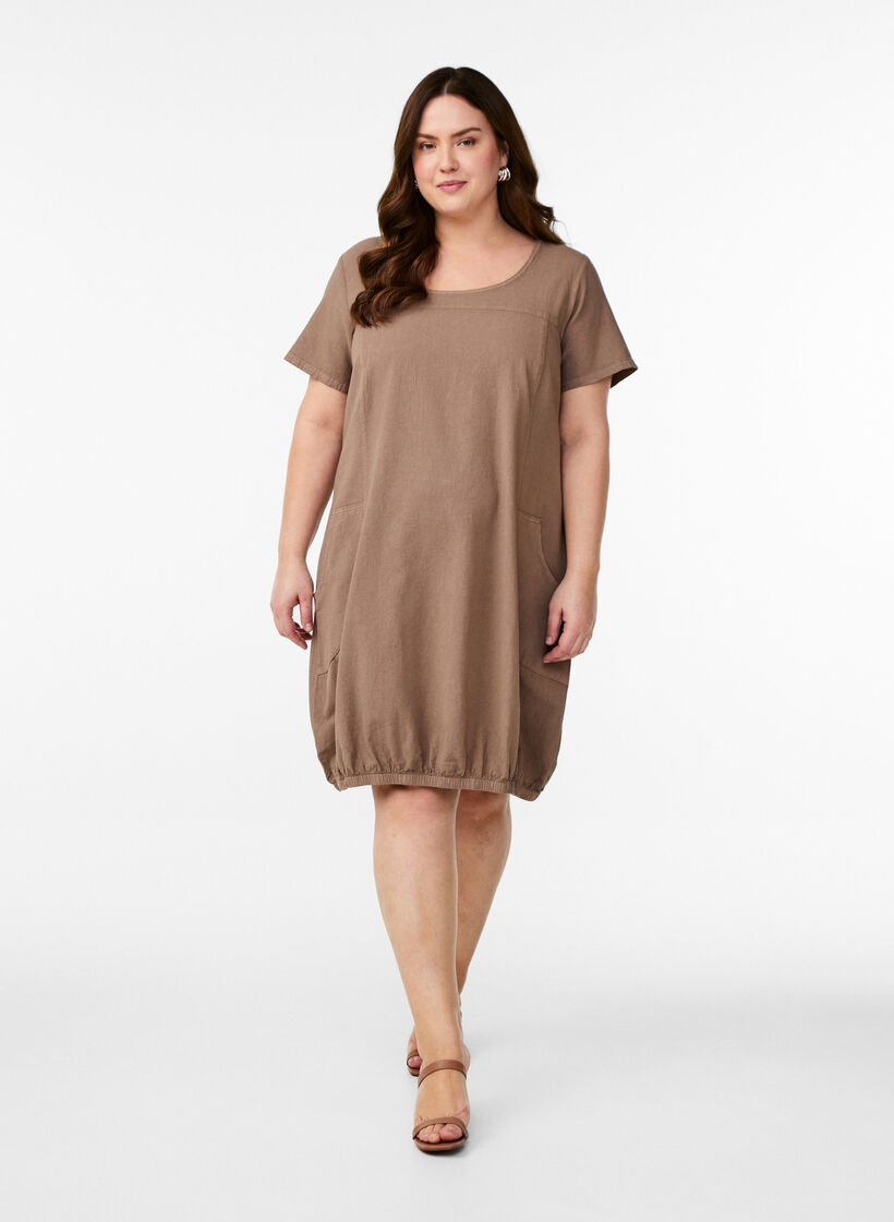 Short sleeve cotton dress, Brown, Model image number 1