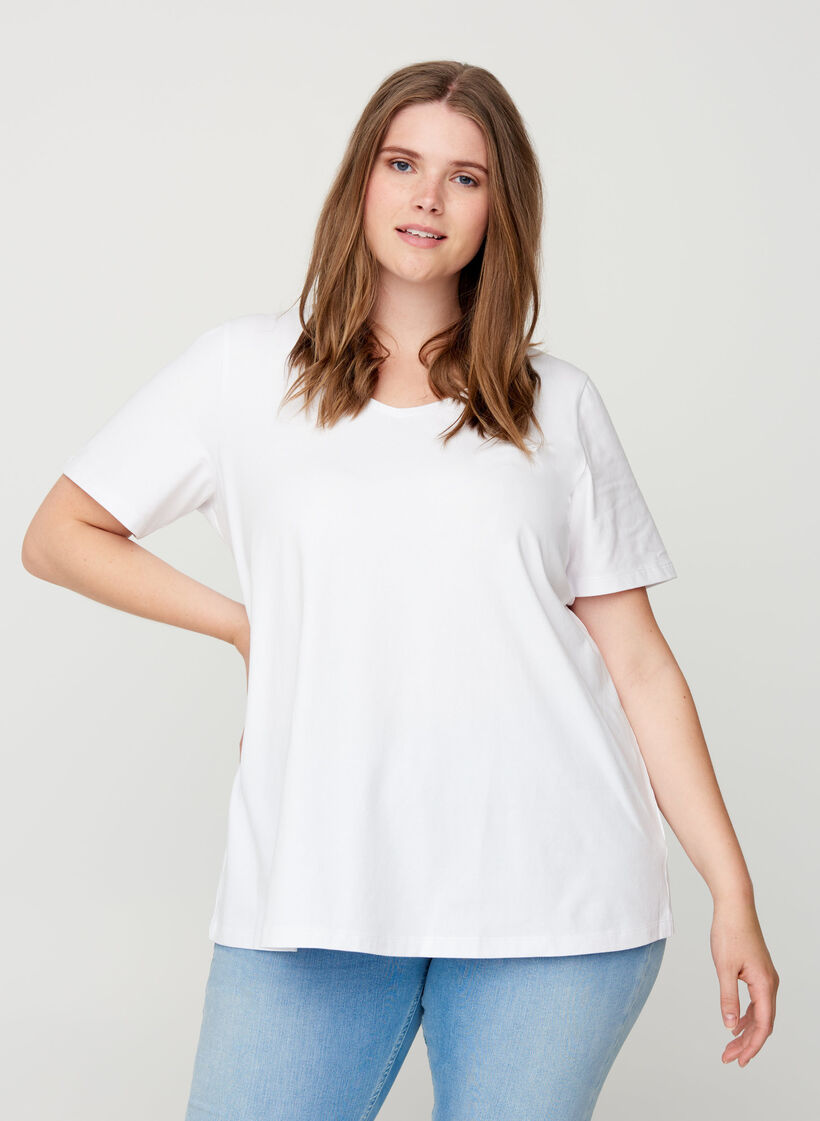 Basic t-shirt with v-neck, White, Model image number 0