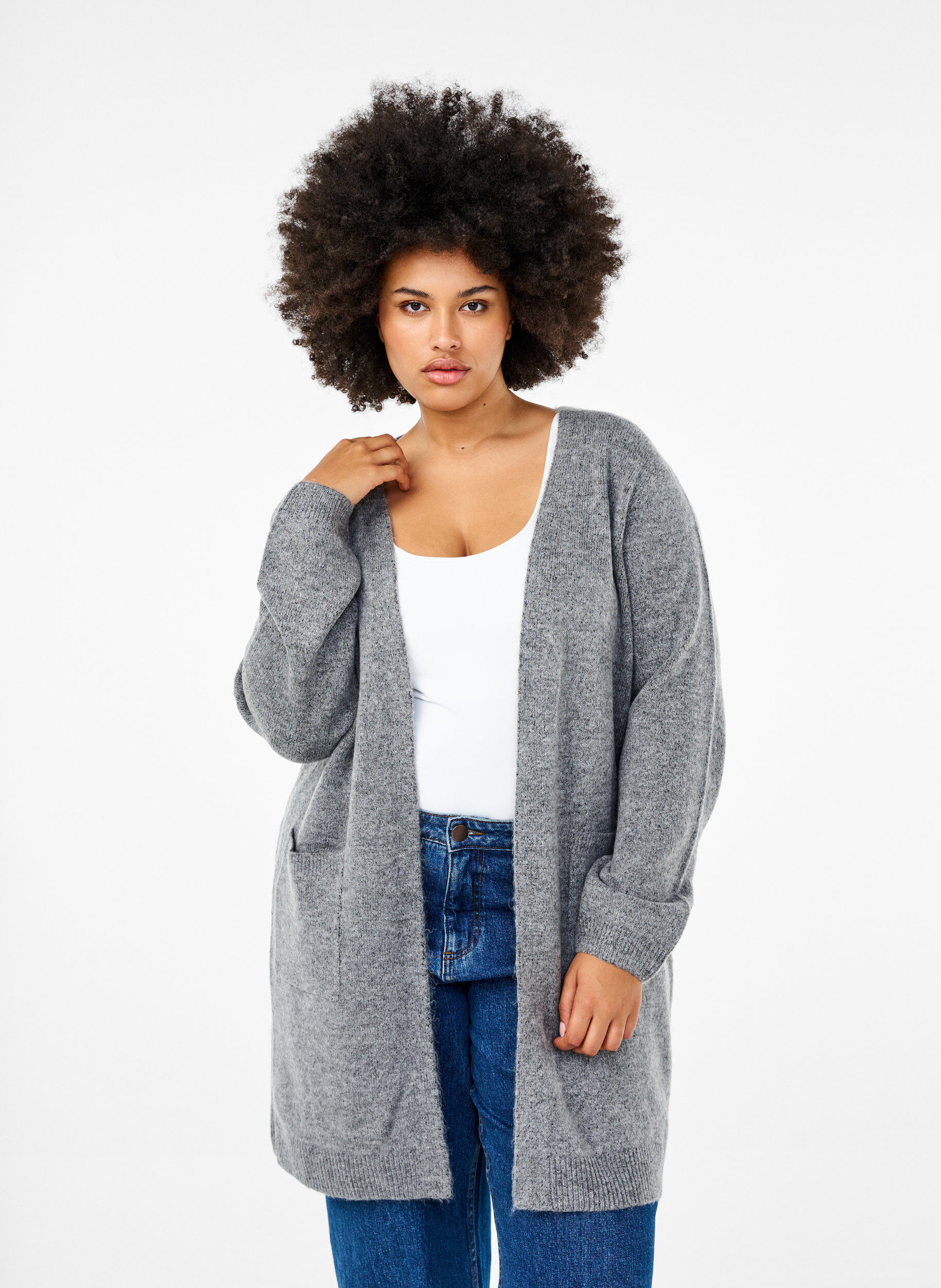 Long knitwear cardigan with pockets, Grey, Model