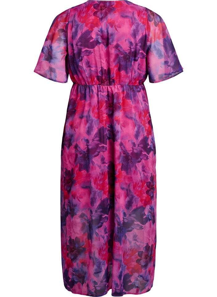 Long chiffon dress with floral print and short sleeves, Red, Packshot image number 1