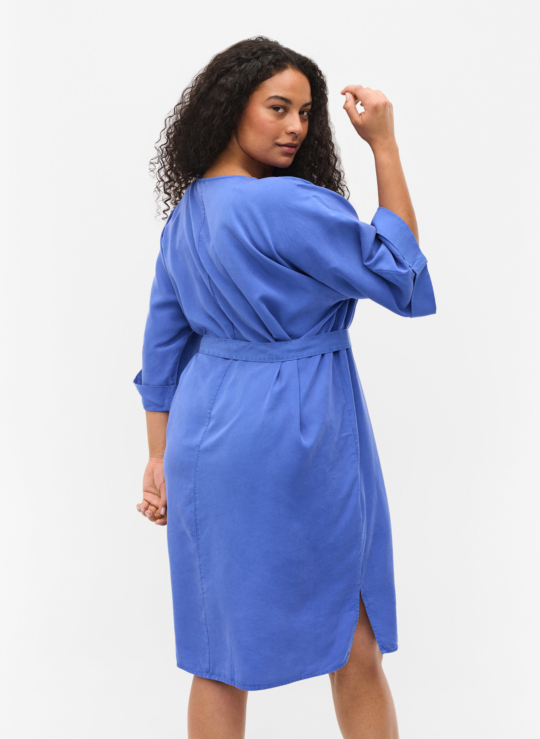 ZizzifashionDress with 3/4 sleeves and tie-belt, Blue, Model image number 2