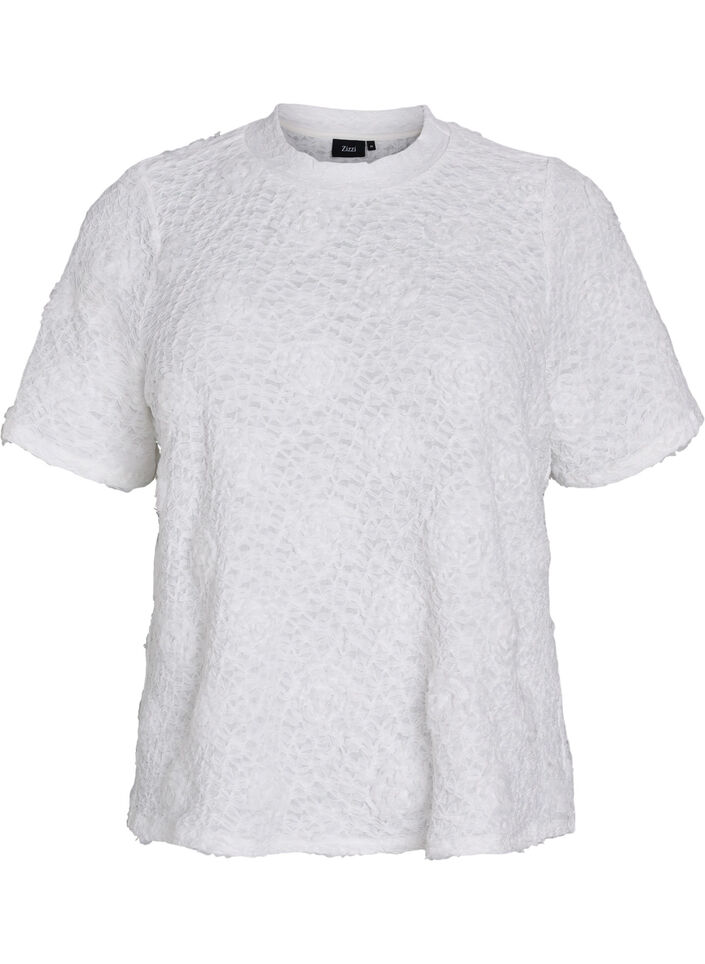 Blouse with 3D flowers and short sleeves, White, Packshot image number 0