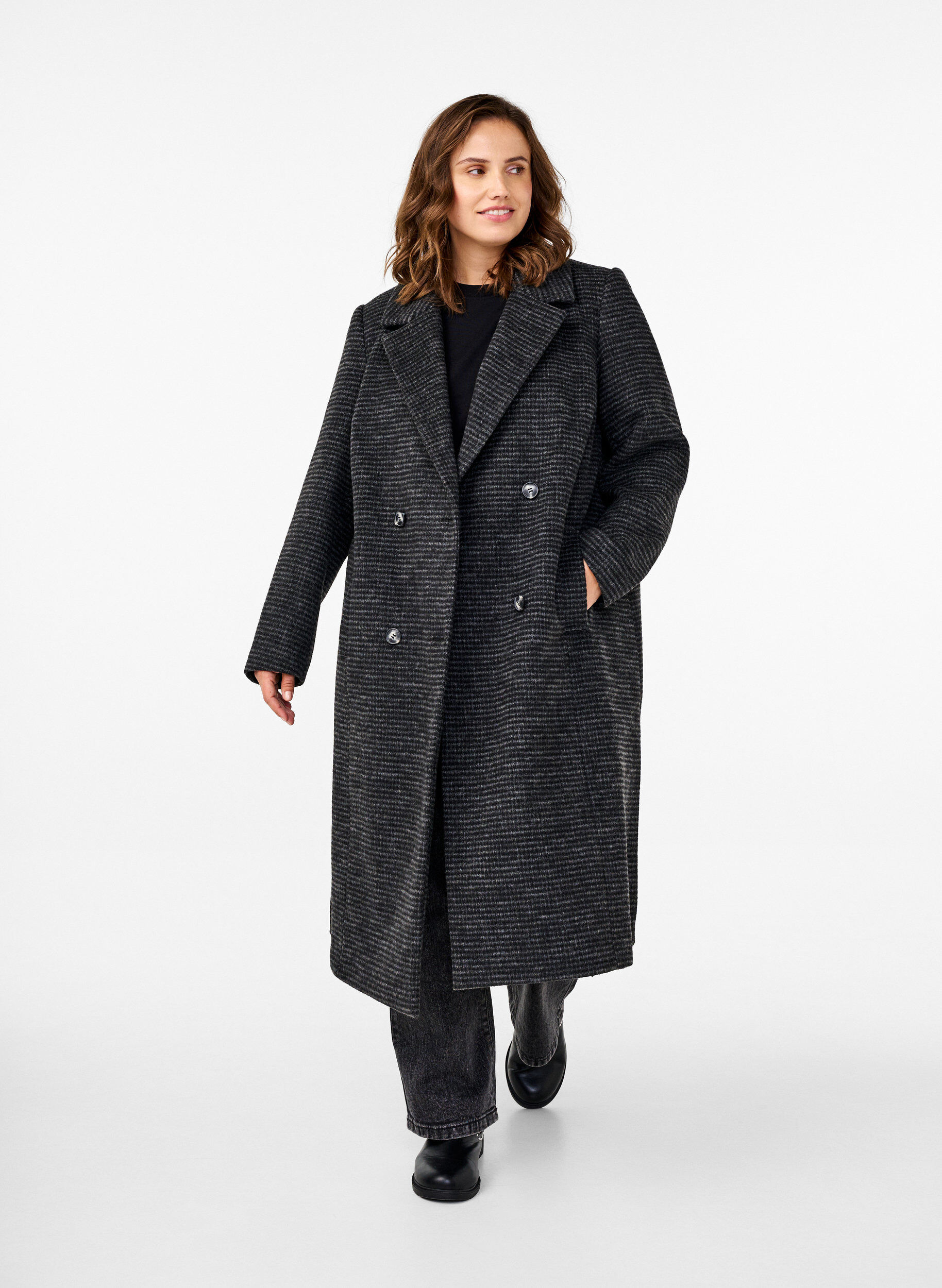 Zizzifashion Checked wool coat with a brushed texture, Black Comb, Model image number 0