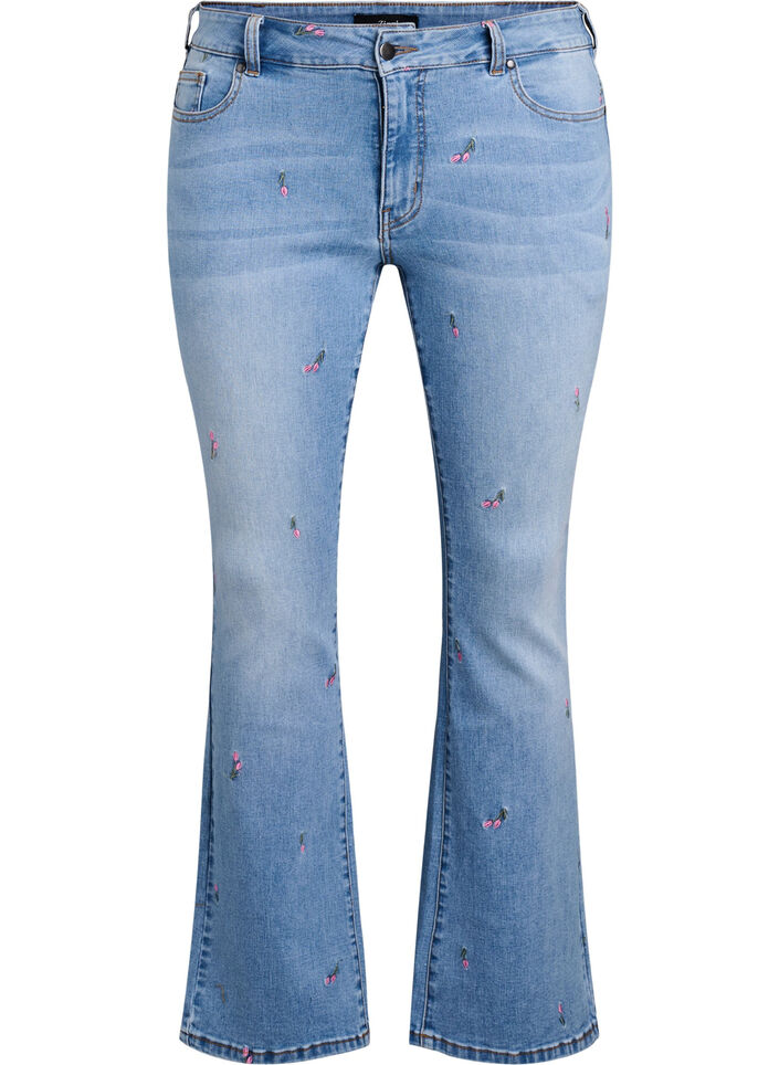 Bootcut jeans with embroidered flowers, Light Blue, Packshot image number 0