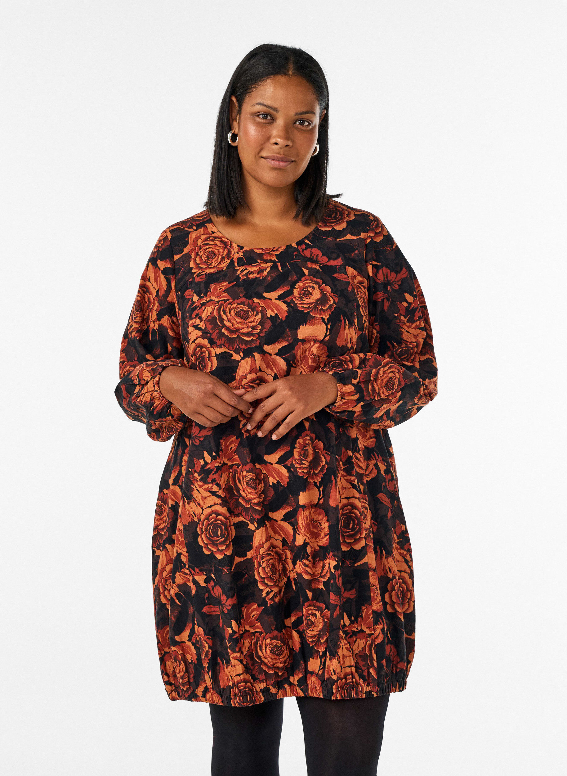 ZizzifashionShort cotton dress with an elasticated hem and long sleeves, Black, Model image number 0