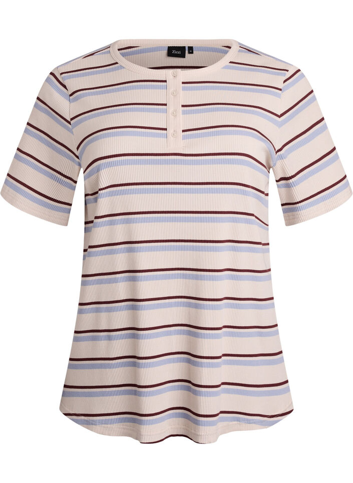 Rib T-shirt with stripes and button detail, Purple, Packshot image number 0