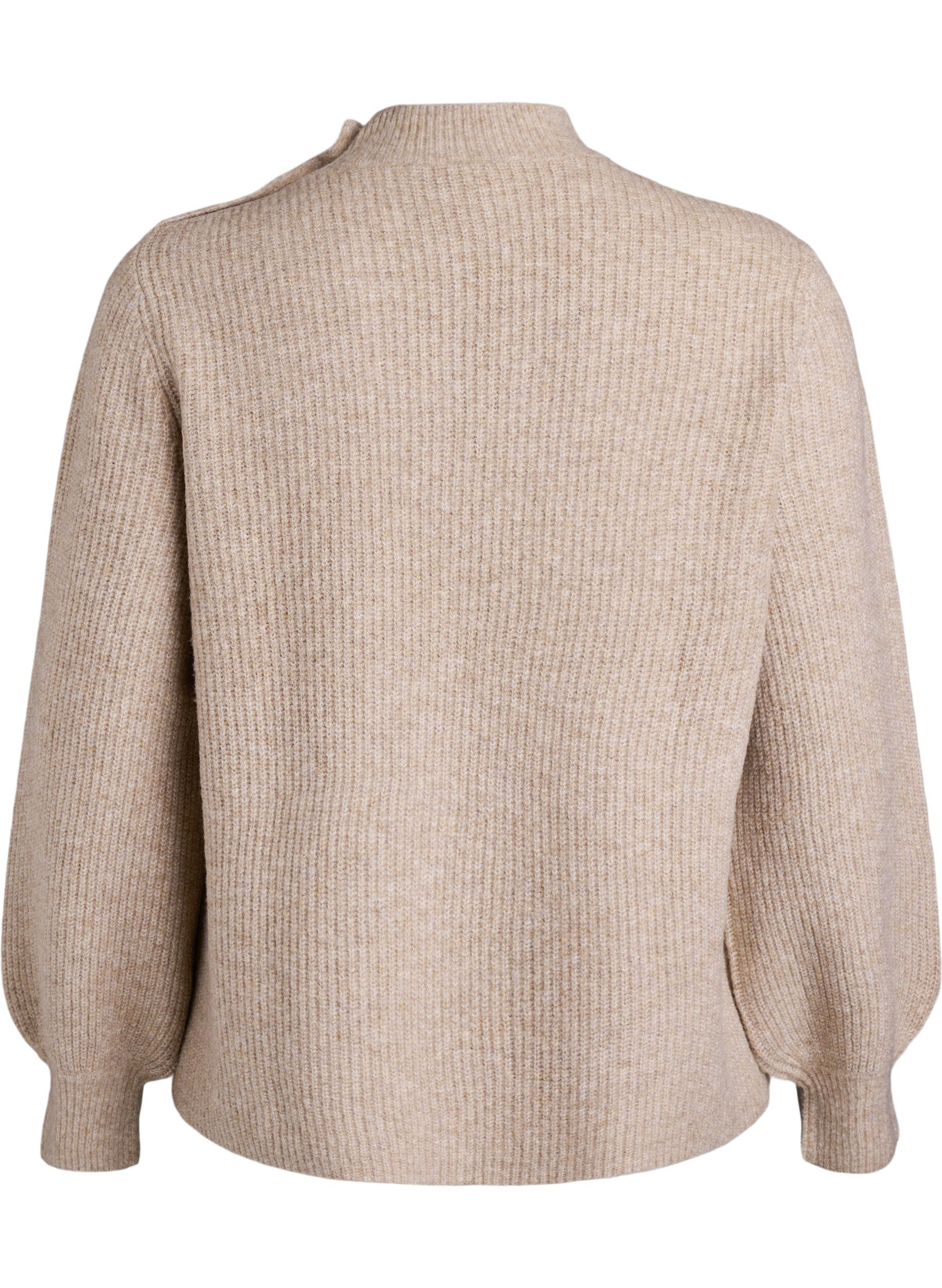 Zizzifashion Ribbed jumper with puff sleeves and buttons, Beige, Packshot image number 1