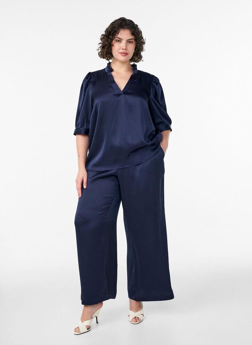 Satin-look blouse with 1/2 sleeves and a ruffle collar, Blue, Model image number 1
