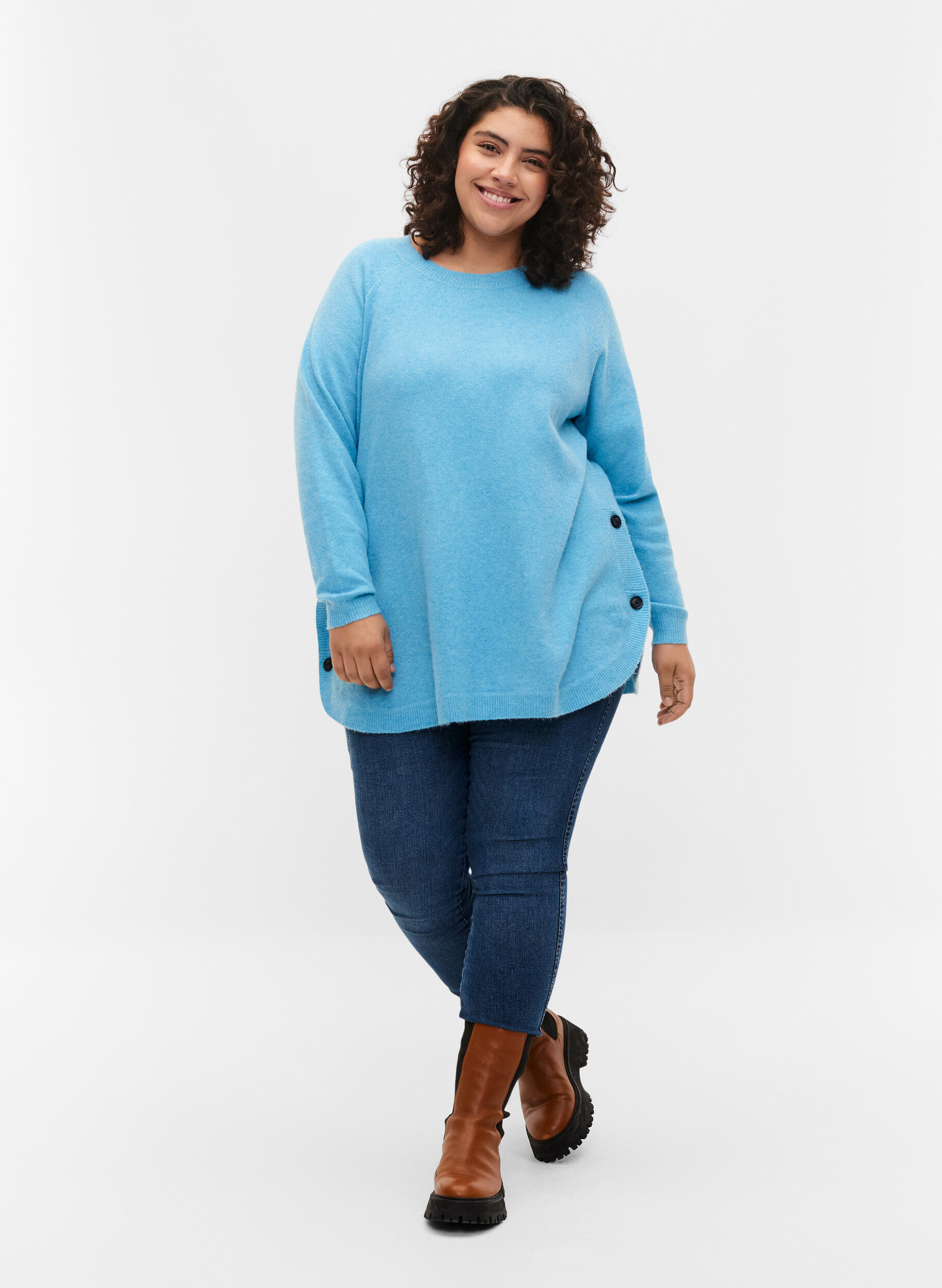 Zizzifashion Marled knitted sweater with button details, River Blue WhiteMel., Model image number 2
