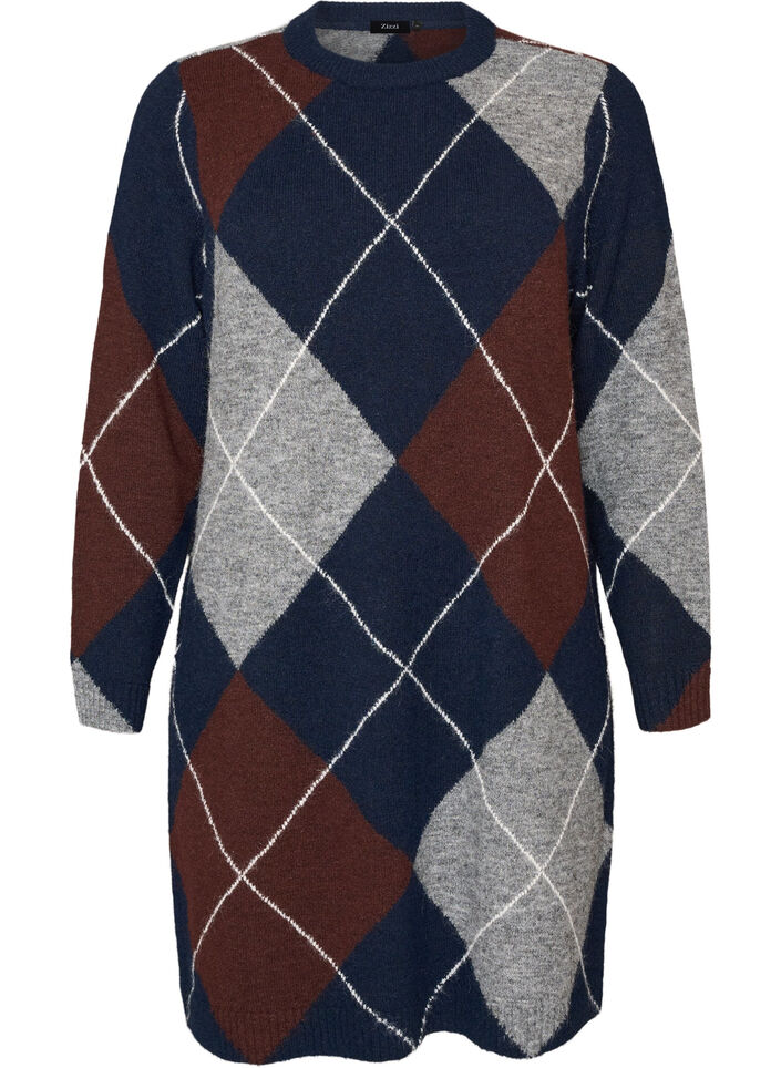 Knitted dress with large check pattern, Blue, Packshot