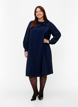 Long sleeve viscose dress with bow, Total Eclipse, Model image number 2