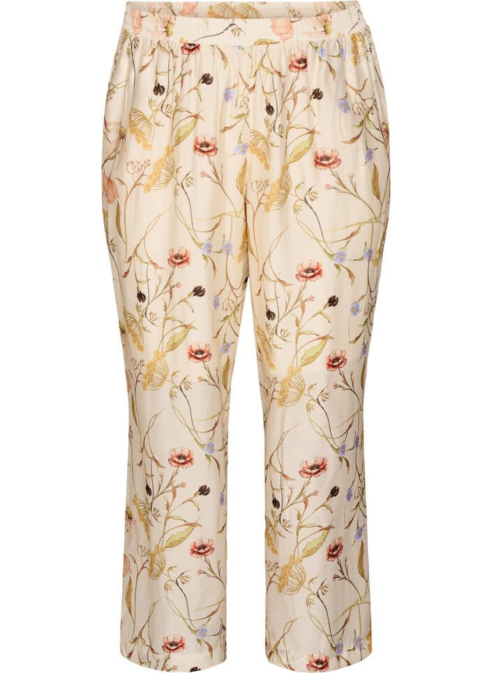 High-waisted viscose trousers with floral print, Beige, Packshot image number 0