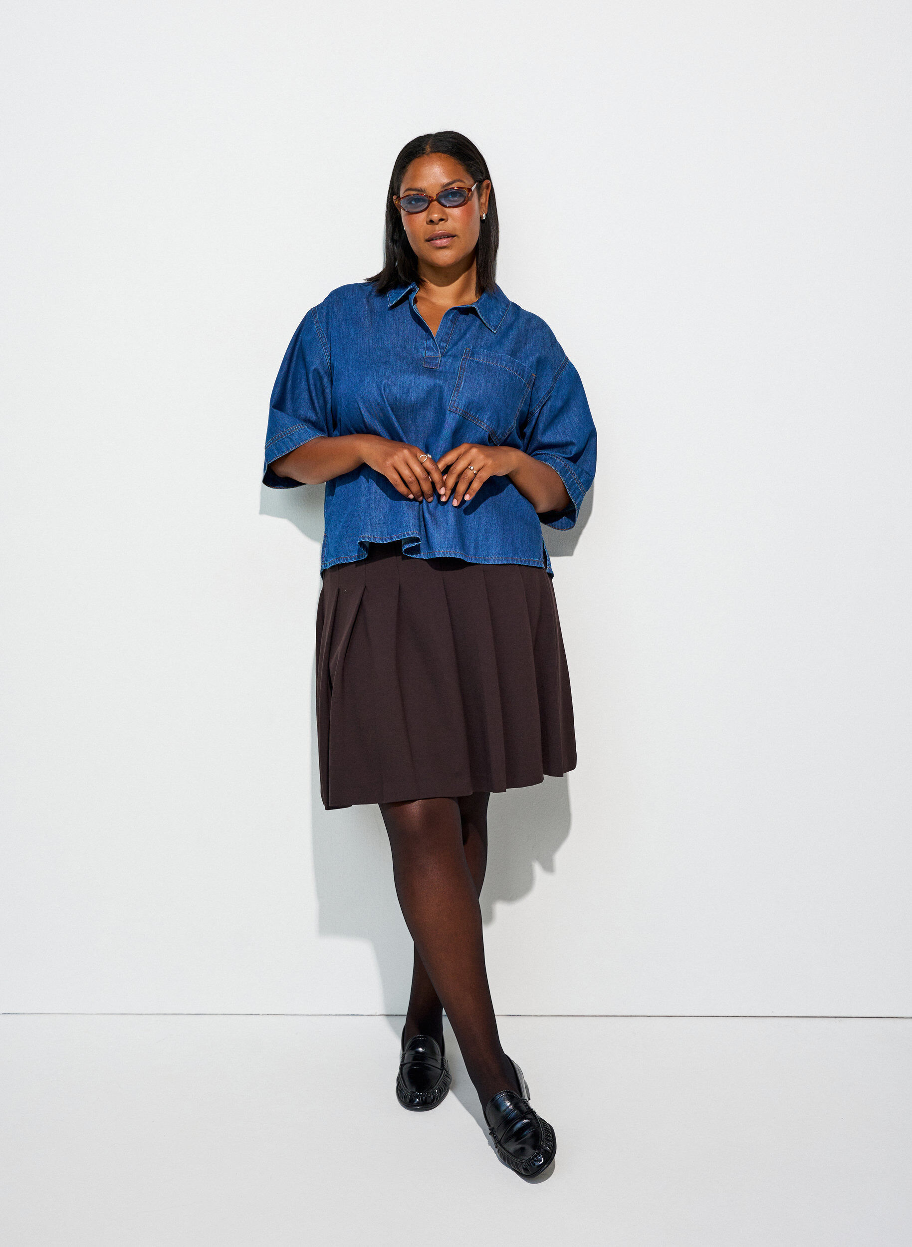 ZizzifashionDenim blouse with a chest pocket and elbow-length sleeves, Blue, Model image number 1