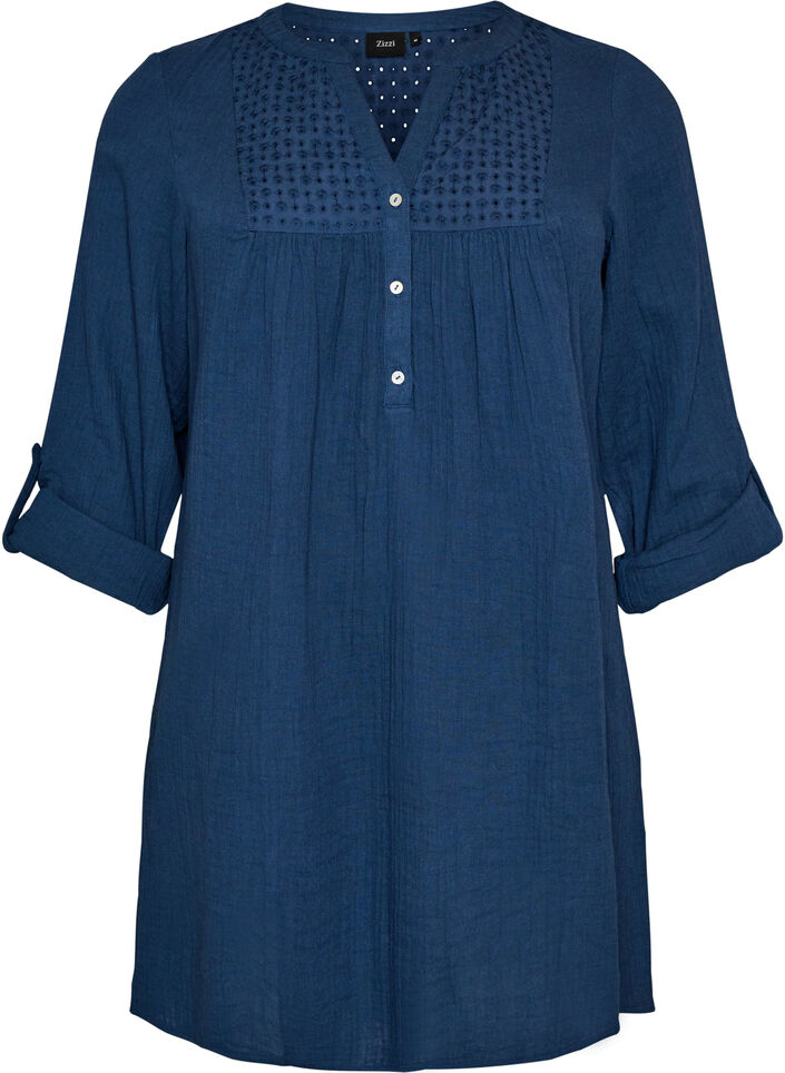 Cotton muslin tunic with broderie anglaise, Blue, Packshot image number 0