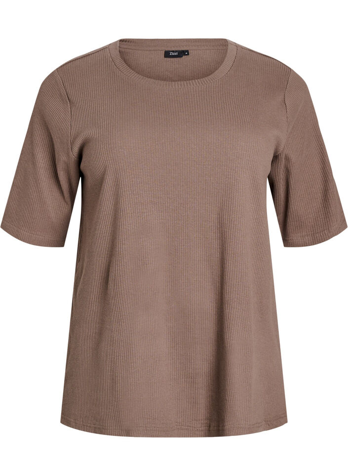 Ribbed jersey blouse with short sleeves, Brown, Packshot image number 0