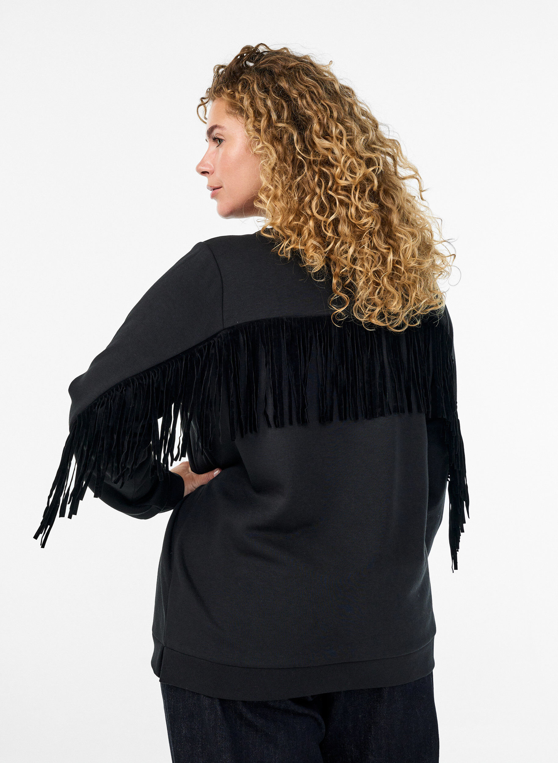 Zizzifashion Sweatshirt with fringes, Black, Model image number 2