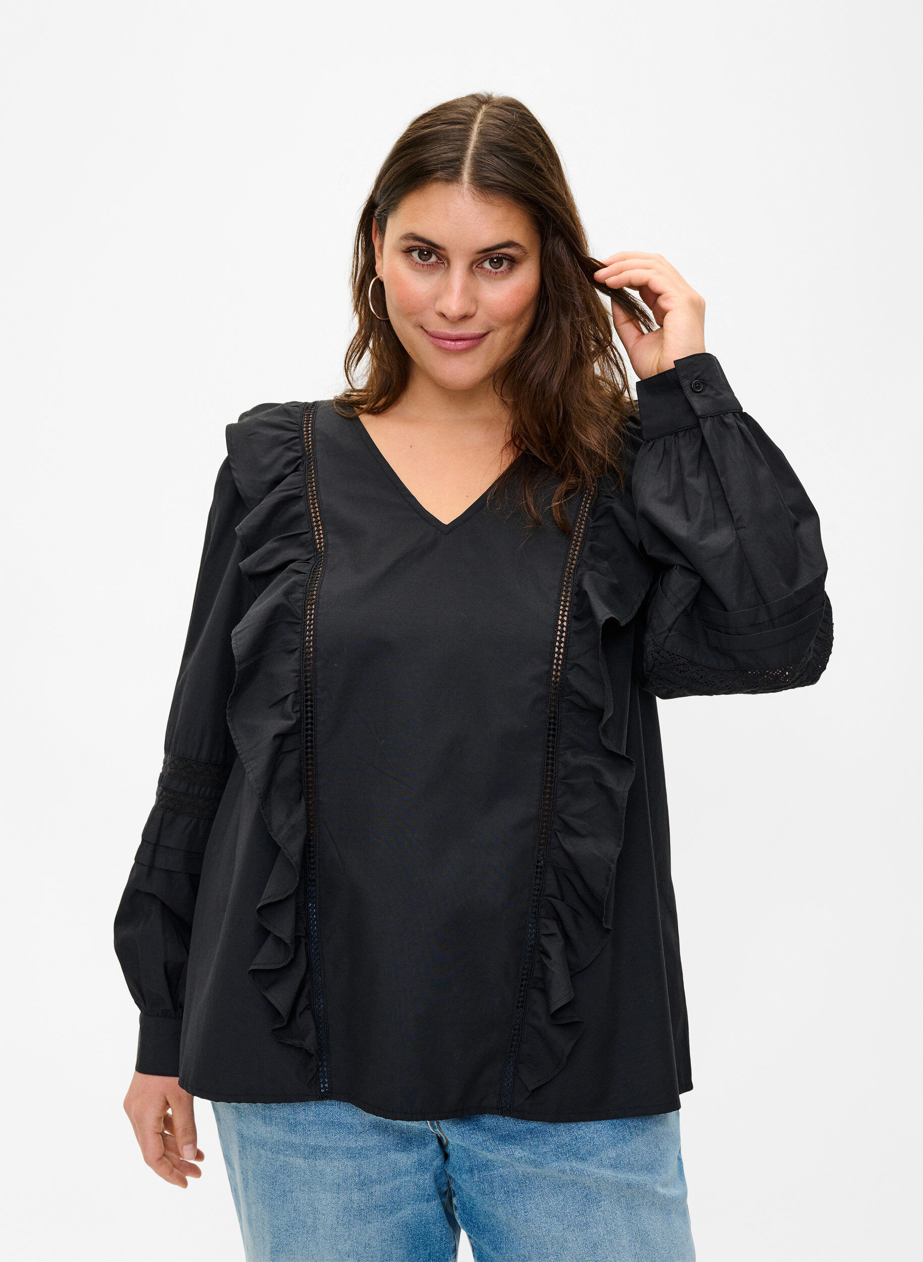 Zizzifashion Blouse with ruffles and lace trim, Black, Model image number 0